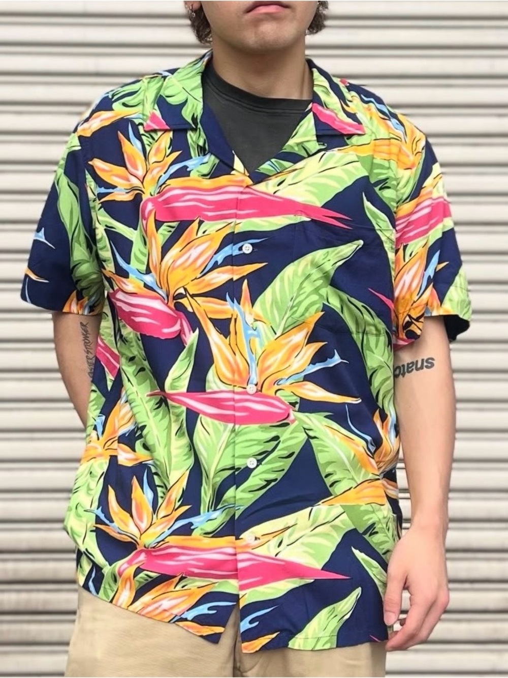 Ralph Lauren Navy Tropical Floral Camp Shirt with Pink & Yellow Accents